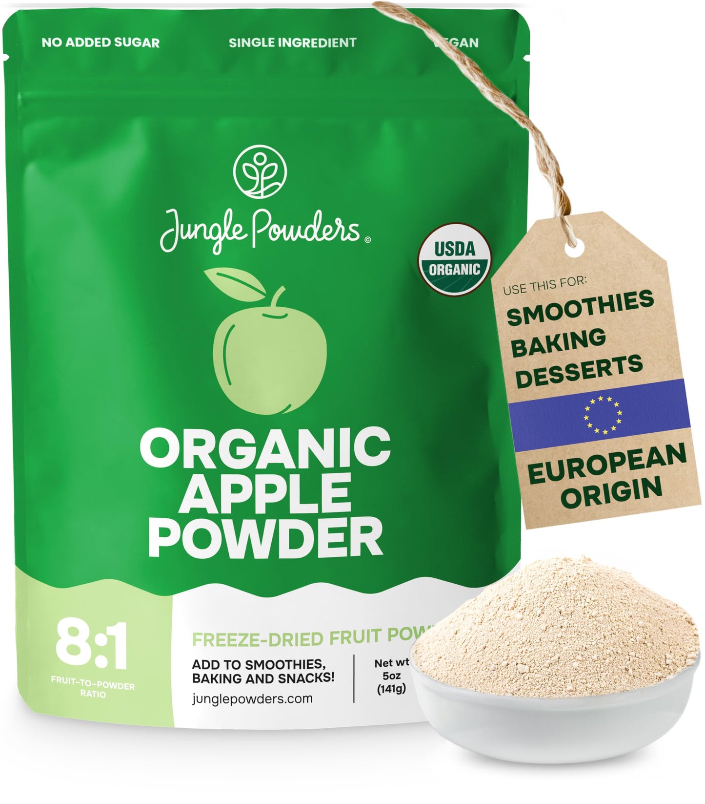 Jungle Powders Organic Apple Powder 5 Ounce Bag Apple Extract for Baking, Smoothies, Seasoning - Organic Freeze Dried Apples Pow