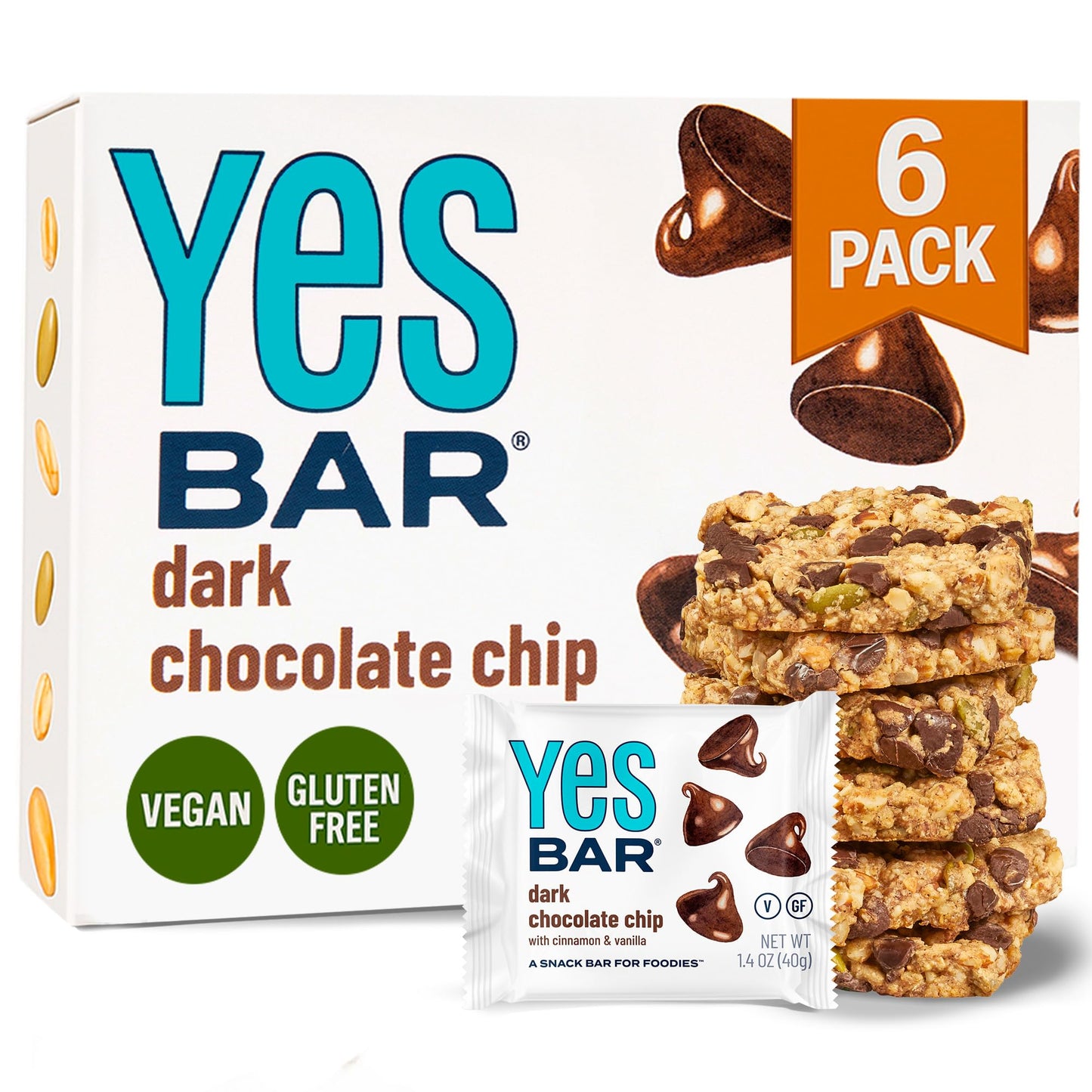 The YES Bar Dark Chocolate Chip Plant Based Protein Snack, Vegan, Gluten Free, Low Sugar, 6 Count Pack