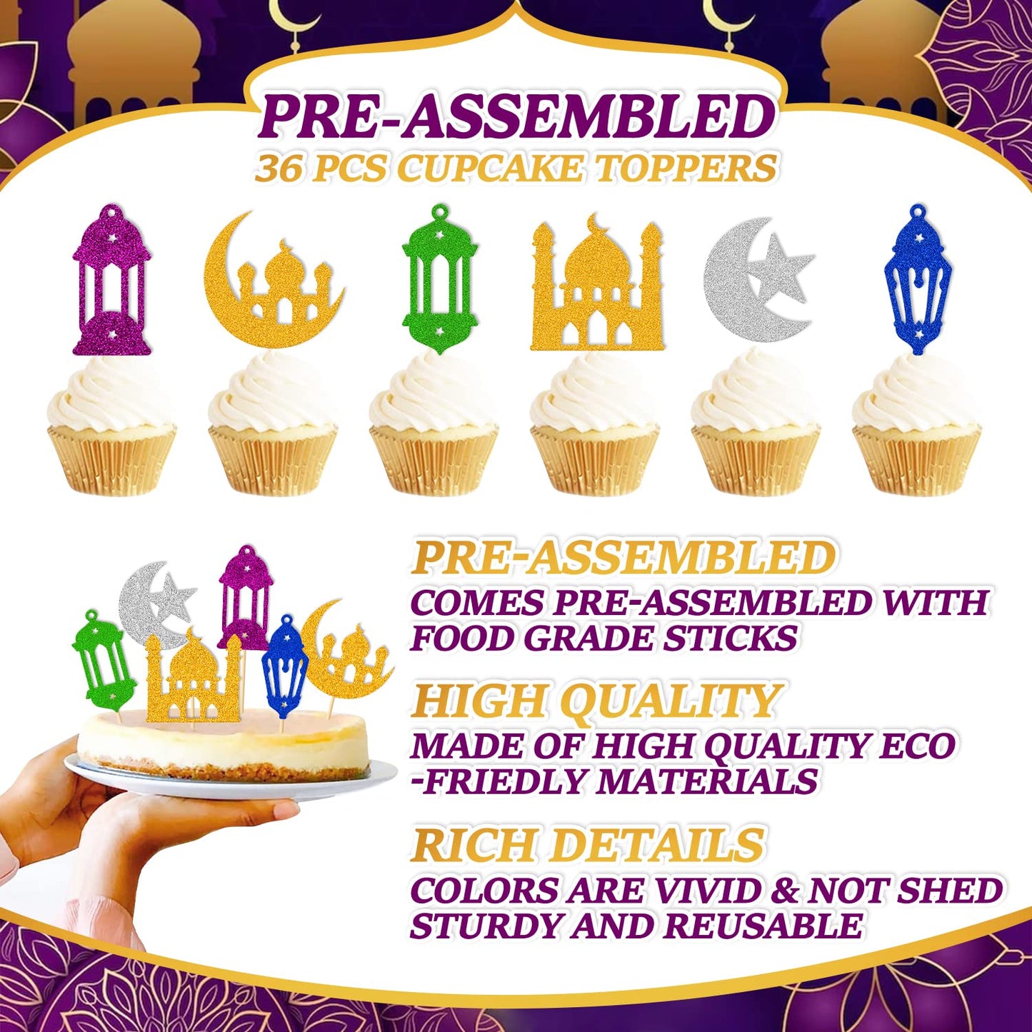 36 Pcs Eid Mubarak Cupcake Topper Star Moon Lantern Castle Theme Supplies For Muslim Islamic Eid Mubarak Festival Celebration Pa