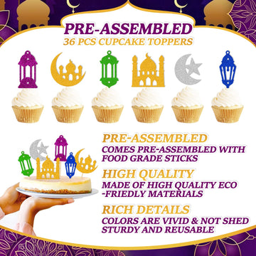 36 Pcs Eid Mubarak Cupcake Topper Star Moon Lantern Castle Theme Supplies For Muslim Islamic Eid Mubarak Festival Celebration Pa