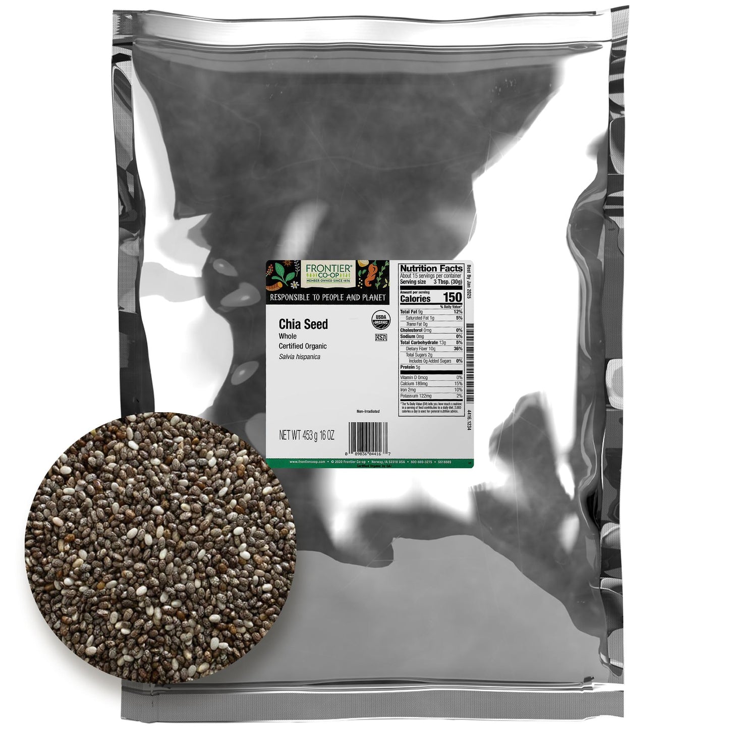 Frontier Herb Chia Seed, Organic, Whole, Bulk, 1 Pound