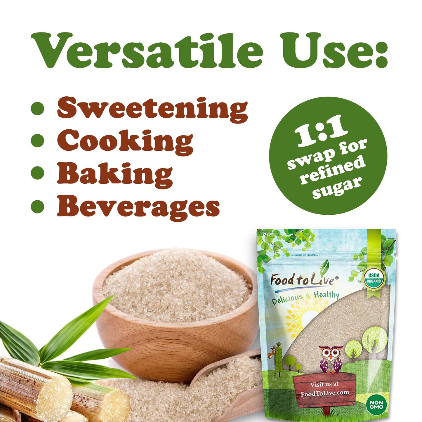 Food to Live Organic Cane Sugar, 6 Pounds - Pure Sweetness from Nature, Unrefined, Perfect for Baking, Cooking and Sweetening, N