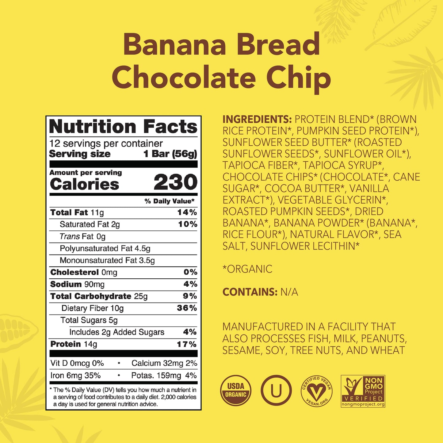 ALOHA Organic Plant Based Protein Bars - Banana Bread Chocolate Chip - Vegan, Gluten-Free, Low Sugar - 12 Count, 1.9oz Bars