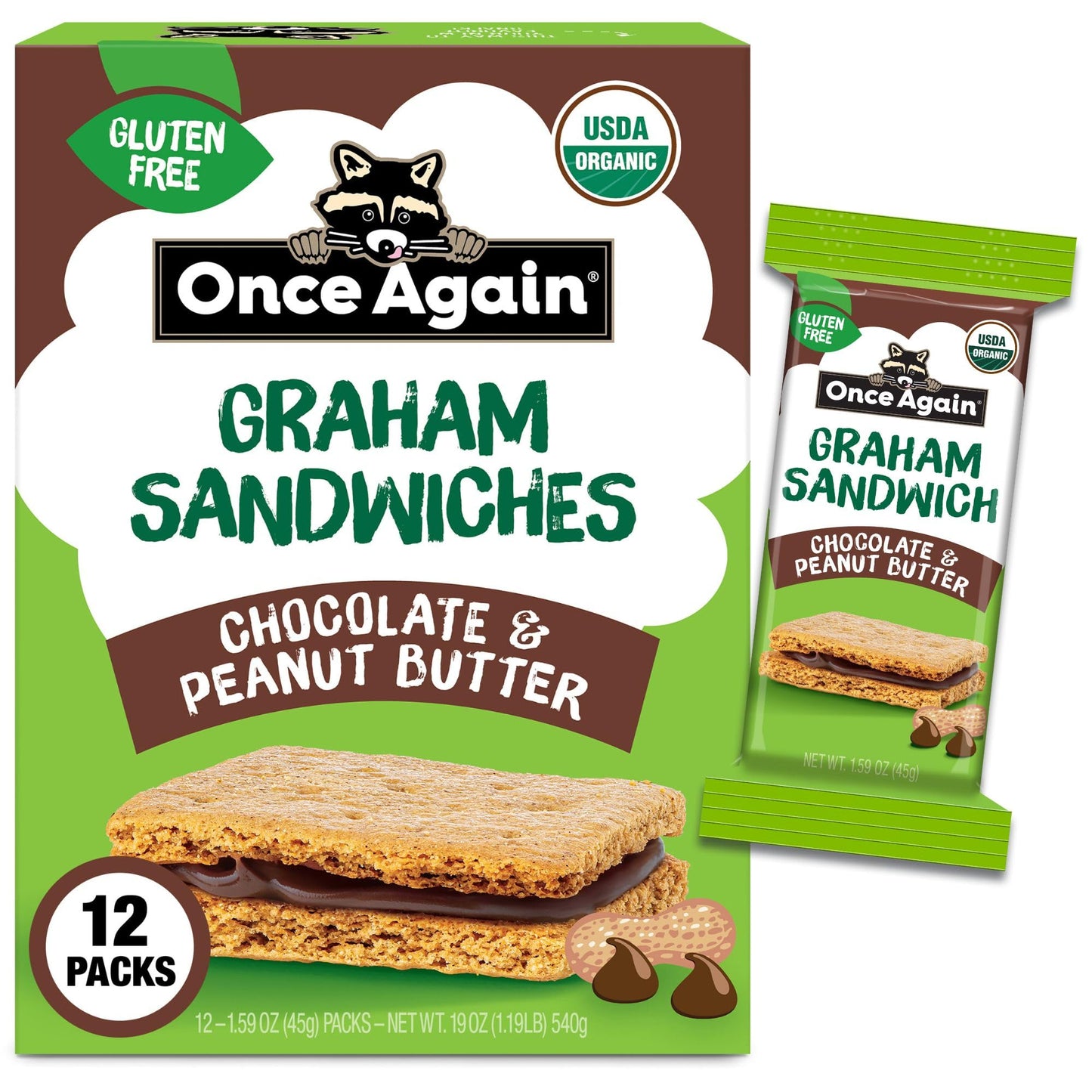 Once Again Chocolate Peanut Butter Graham Sandwiches - Organic, Gluten Free Graham Crackers with PB & Dark Chocolate Filling - G