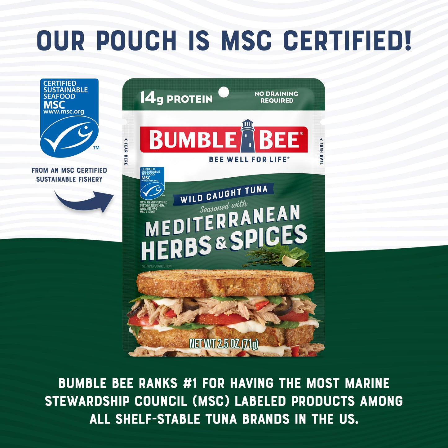 Bumble Bee Mediterranean Herbs & Spices Tuna, 2.5 Oz Pouches (Pack Of 12) - Ready To Eat - Wild Caught - 16G Protein Per Serving - No Draining Required