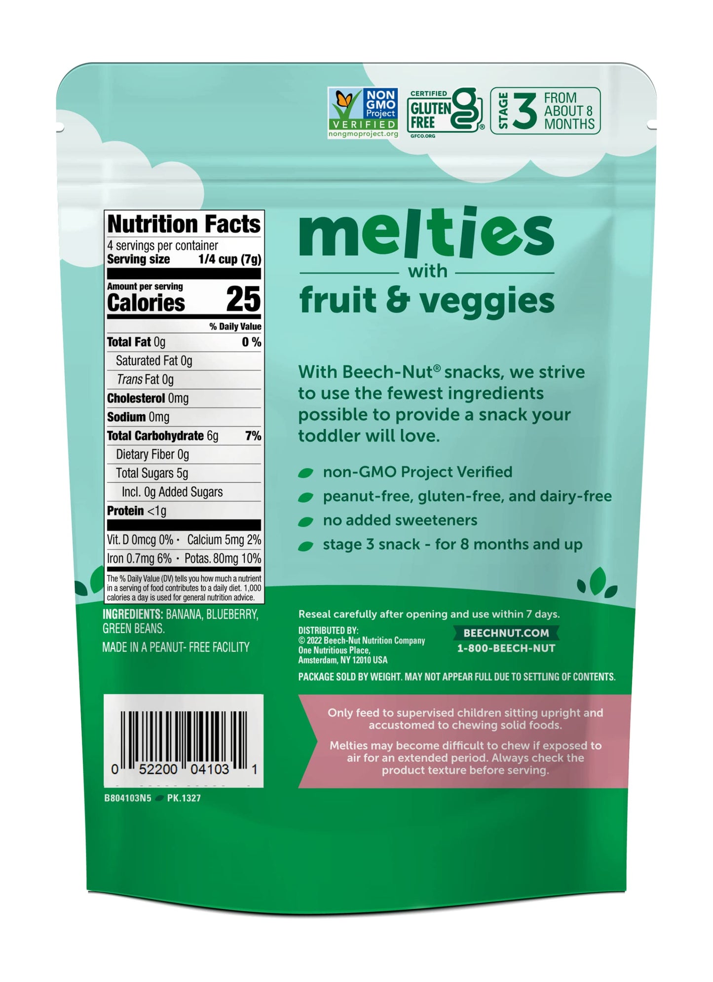 Beech-Nut Melties Baby & Toddler Snack Melts, Banana Blueberry Green Bean, 1 oz (7 Pack)
