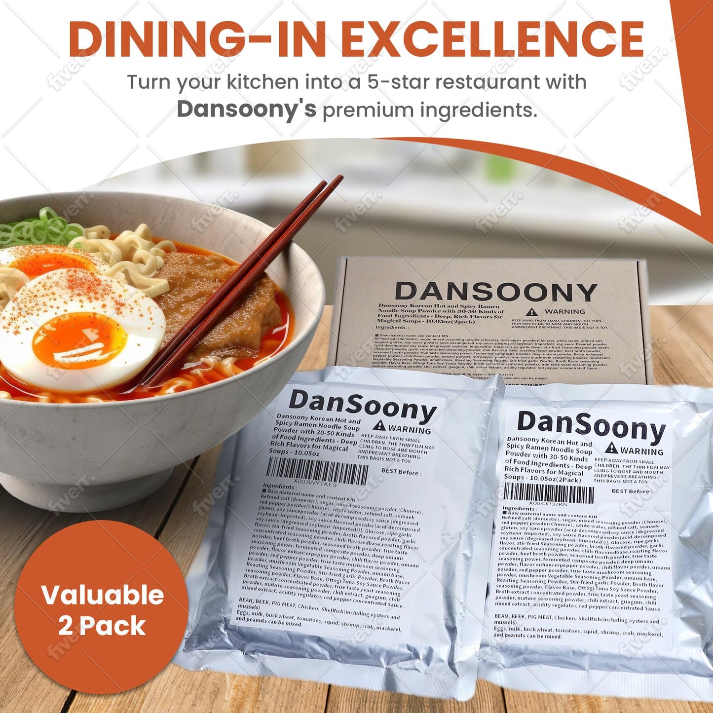 Dansoony Korean Hot And Spicy Ramen Noodle Soup Powder With 30-50 Kinds Of Food Ingredients - Deep, Rich Flavors For Magical Soups (2Pack)