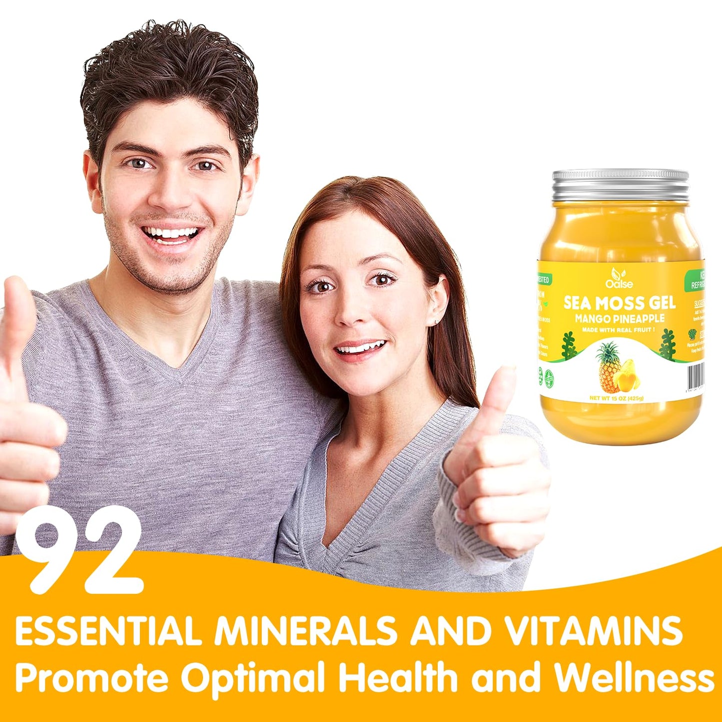 OALSE Sea Moss Gel - Mango Pineapple Flavor, Non-GMO, Gluten-Free, Vegan - 15 OZ, Yellow