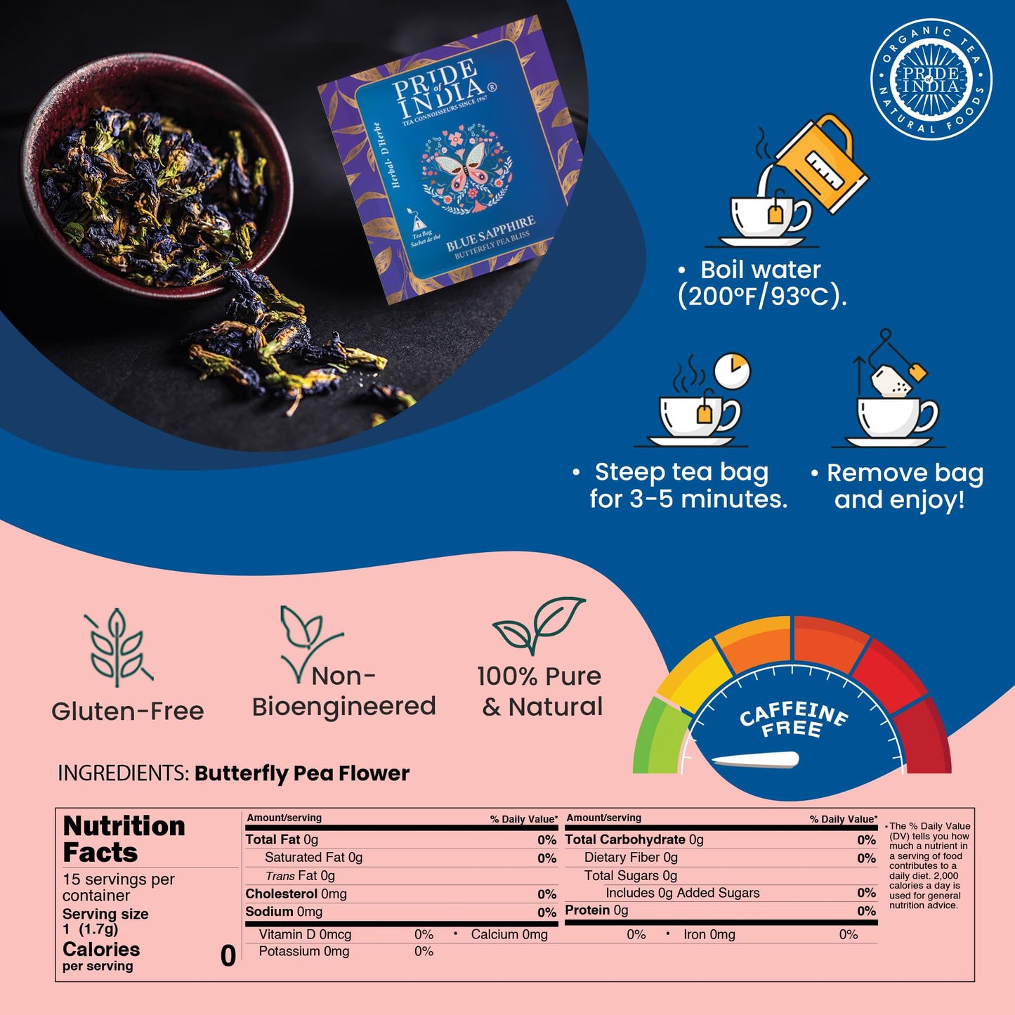 Pride Of India | Blue Sapphire: Butterfly Pea Flower Tea 1 Oz (28.3 Gm) | 100% Pure Butterfly Pea Flower | Mild, Earthy Flavor & Subtle Floral Flavor | Enhanced Pyramid Nylon Tea Bags
