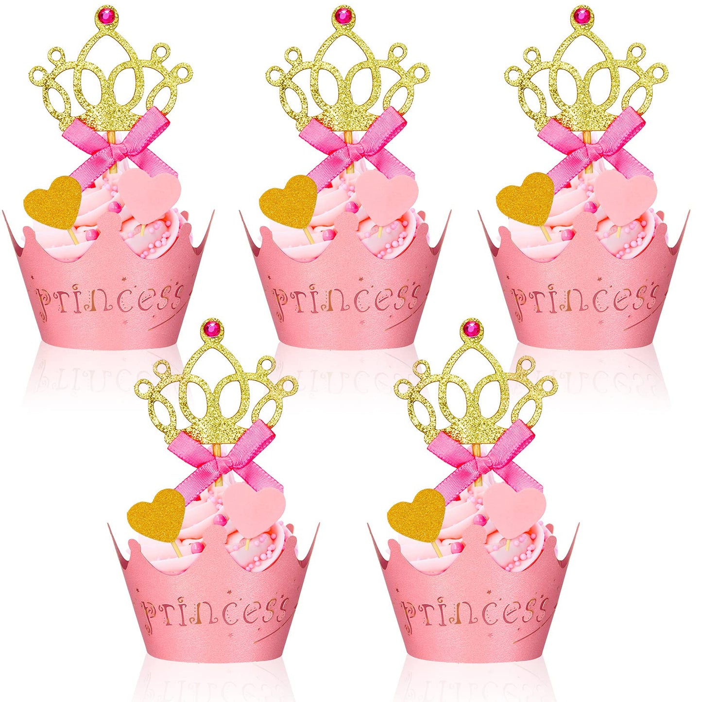72 Pieces Glittery Princess Cupcake Toppers Crown Cupcake Wrapper Holder Pink Gold Crown Tiara Cupcake Pick Glitter Heart Cupcak