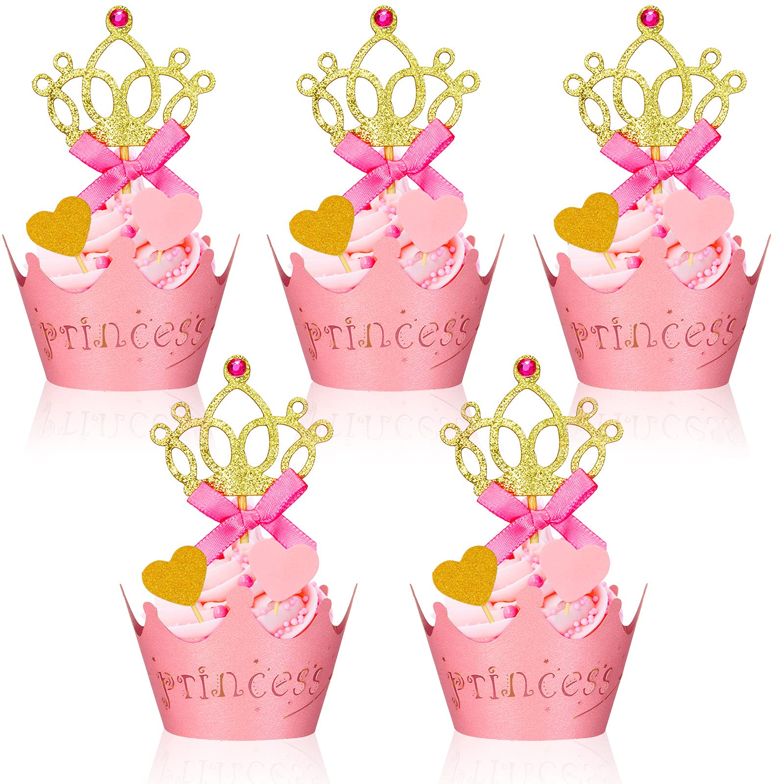 72 Pieces Glittery Princess Cupcake Toppers Crown Cupcake Wrapper Holder Pink Gold Crown Tiara Cupcake Pick Glitter Heart Cupcak