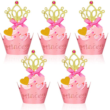 72 Pieces Glittery Princess Cupcake Toppers Crown Cupcake Wrapper Holder Pink Gold Crown Tiara Cupcake Pick Glitter Heart Cupcak