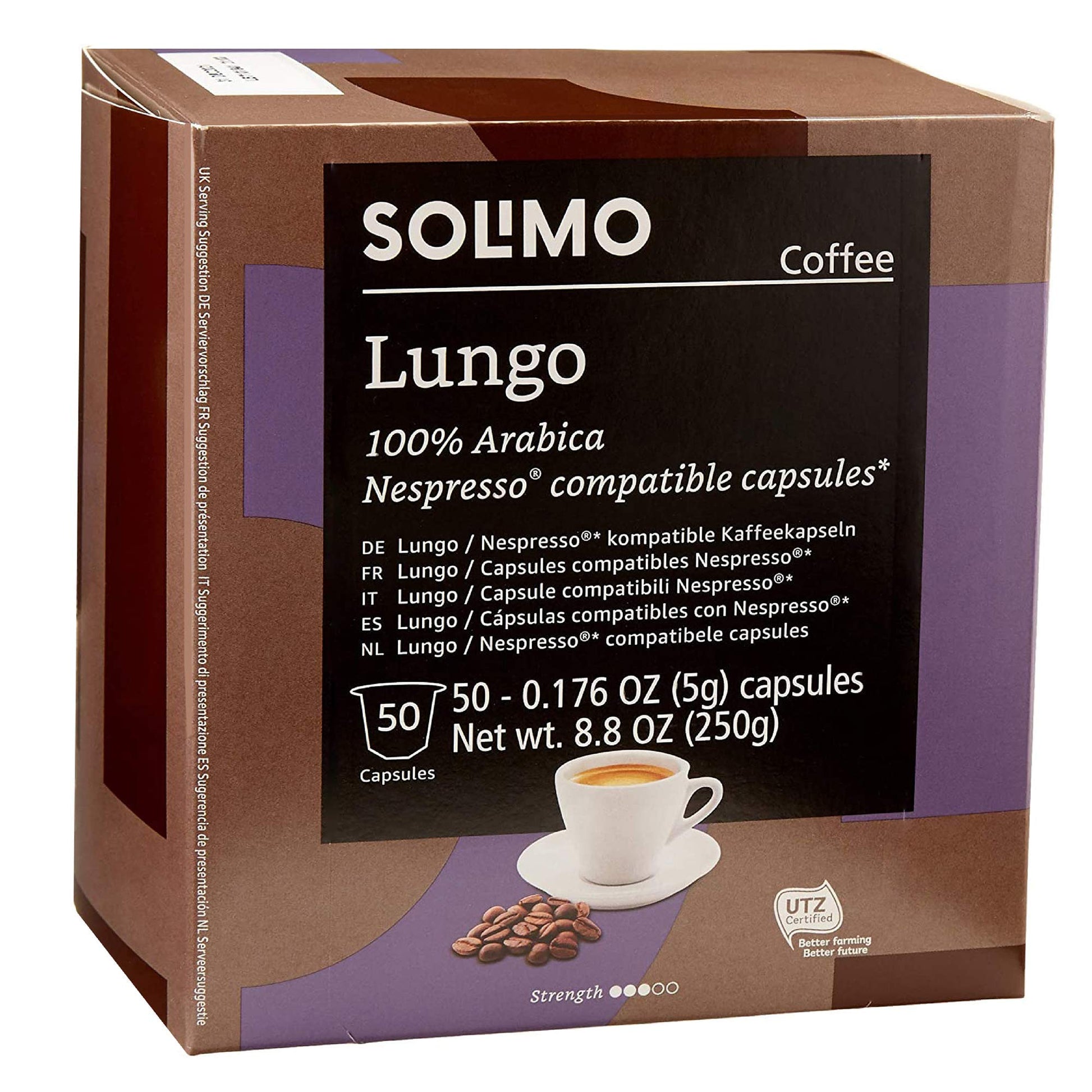 Amazon Brand - Solimo Lungo Capsules, Medium Roast, Compatible with Nespresso Original Brewers, 50 Count