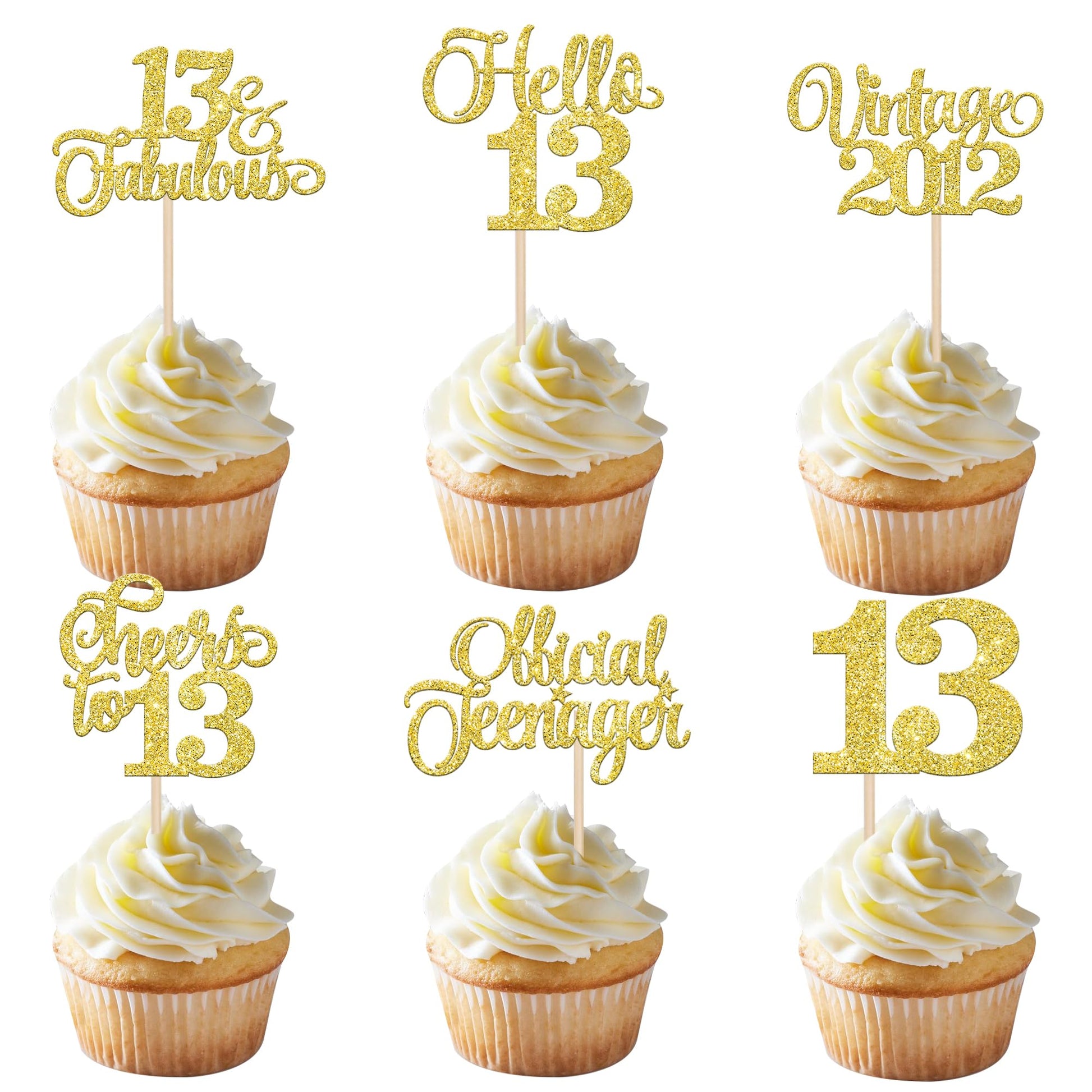 Rsstarxi Cupcake Toppers 24 Pack Gold Glitter 13th Birthday Decorations