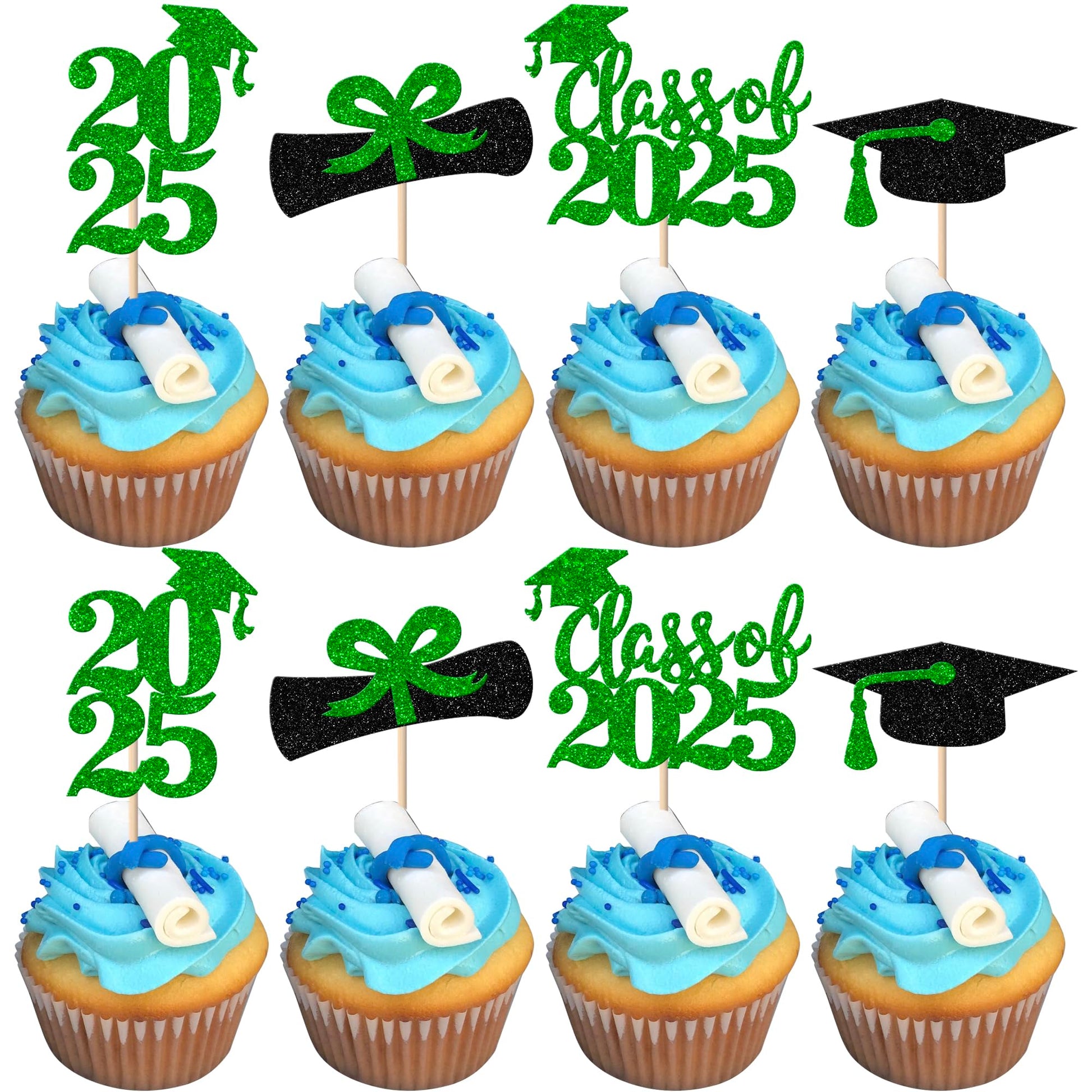 YCTHUNFISH 24 Pack Cupcake Toppers Graduation Theme Green Small Decorations for Class of 2025 Party Supplies
