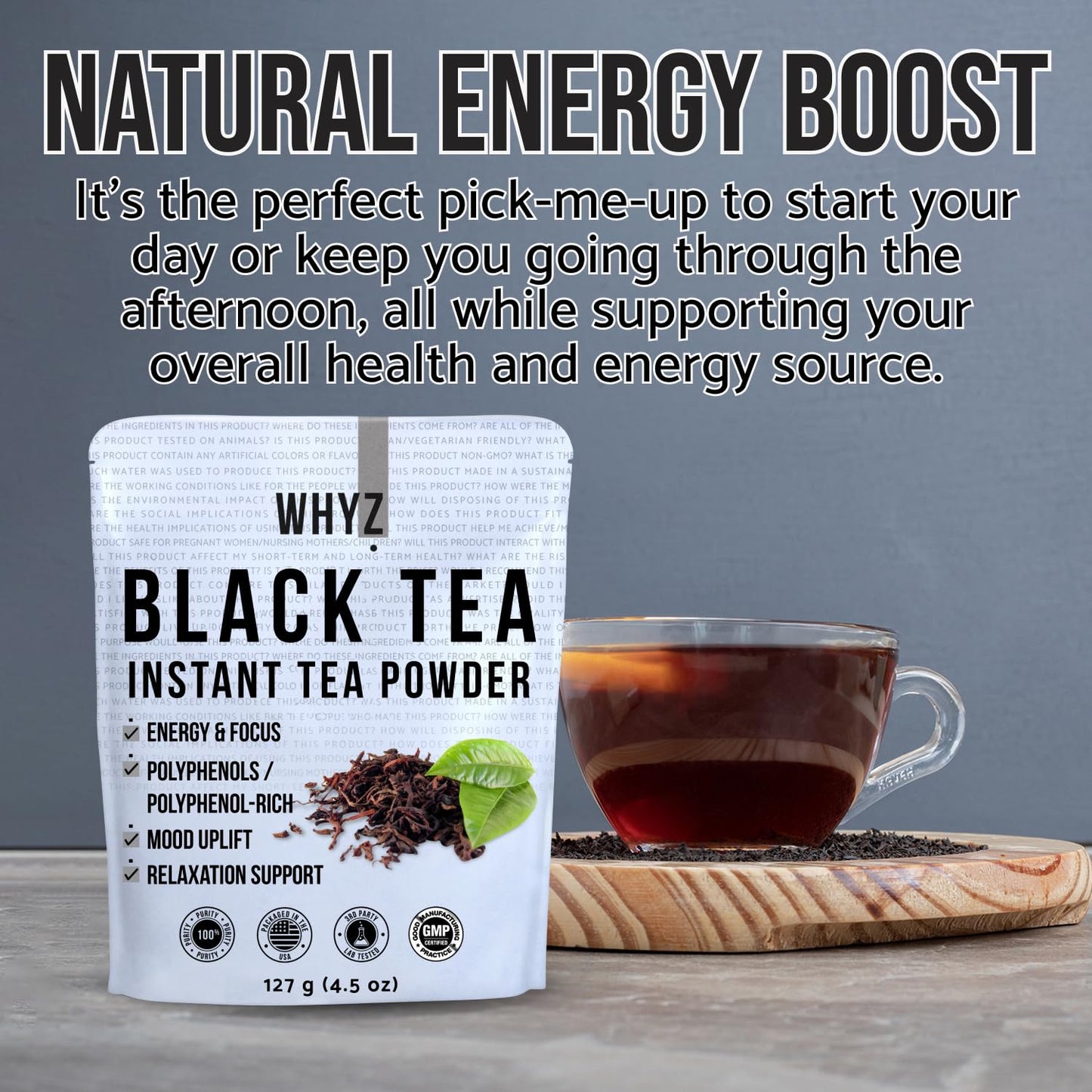 Whyz Instant Black Tea Powder, 4.5 Oz, Unsweetened Iced Tea Concentrate From Real Black Tea Leaves, Instant Tea Powder For Hot &