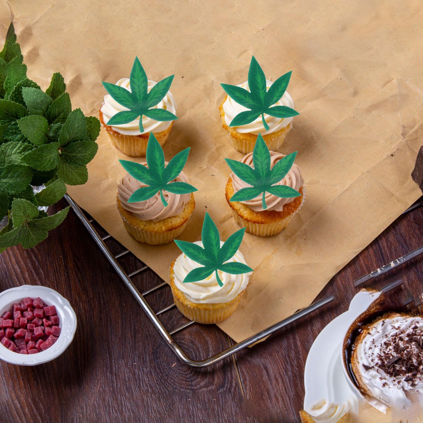 ZHUOWEISM 60 PCS Edible Cupcake Toppers Green Pot Leaf Design 6 for Birthday Party Supplies