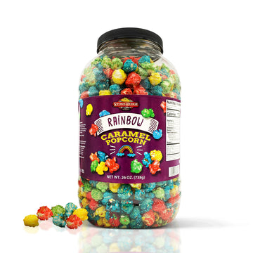 Stonehedge Farms Rainbow Caramel Flavored Popcorn - 26 oz Barrel - Red, Yellow, Green and Blue Colorful Gourmet Carmel Popped Po