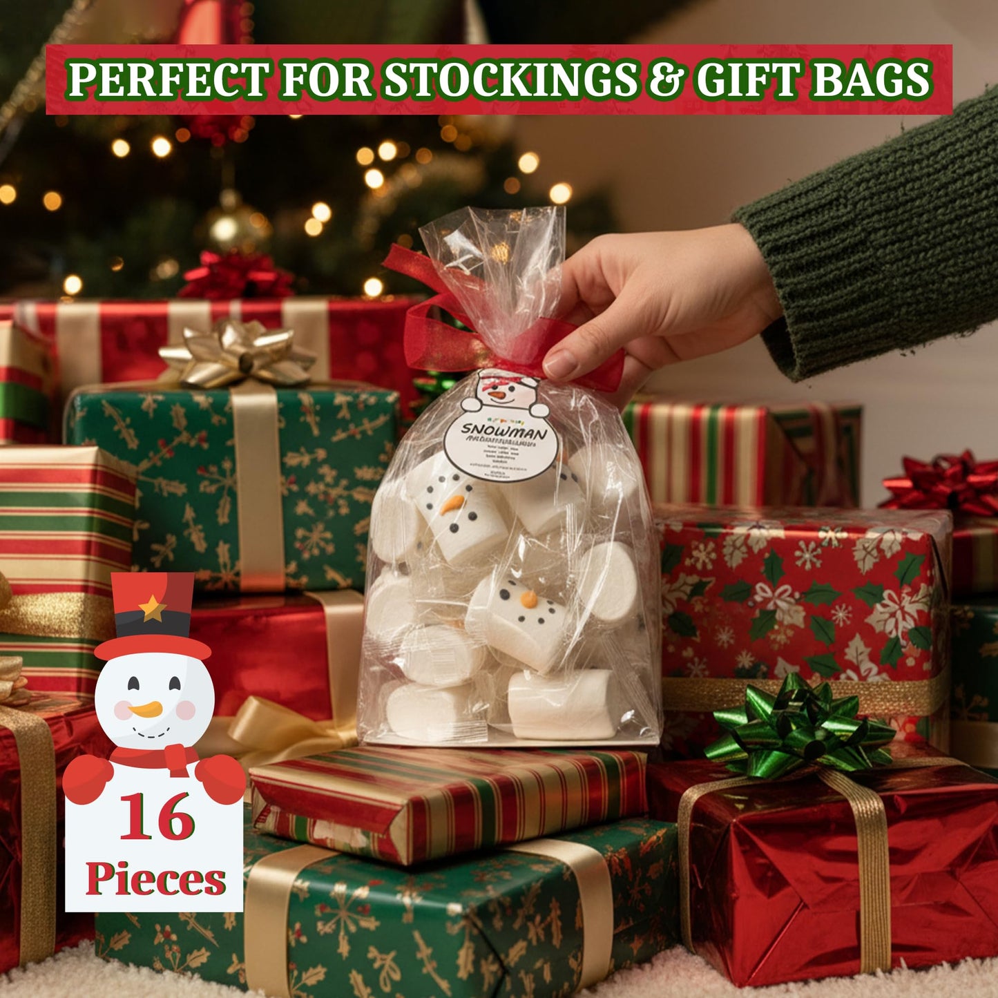 4Es Novelty 16 Pcs Snowman Marshmallow In Gift Bag Individually Wrapped - Large Christmas Marshmallows For Hot Chocolate Toppers, Snowman Marshmallow   Topping   For Hot Cocoa, 4.2Oz