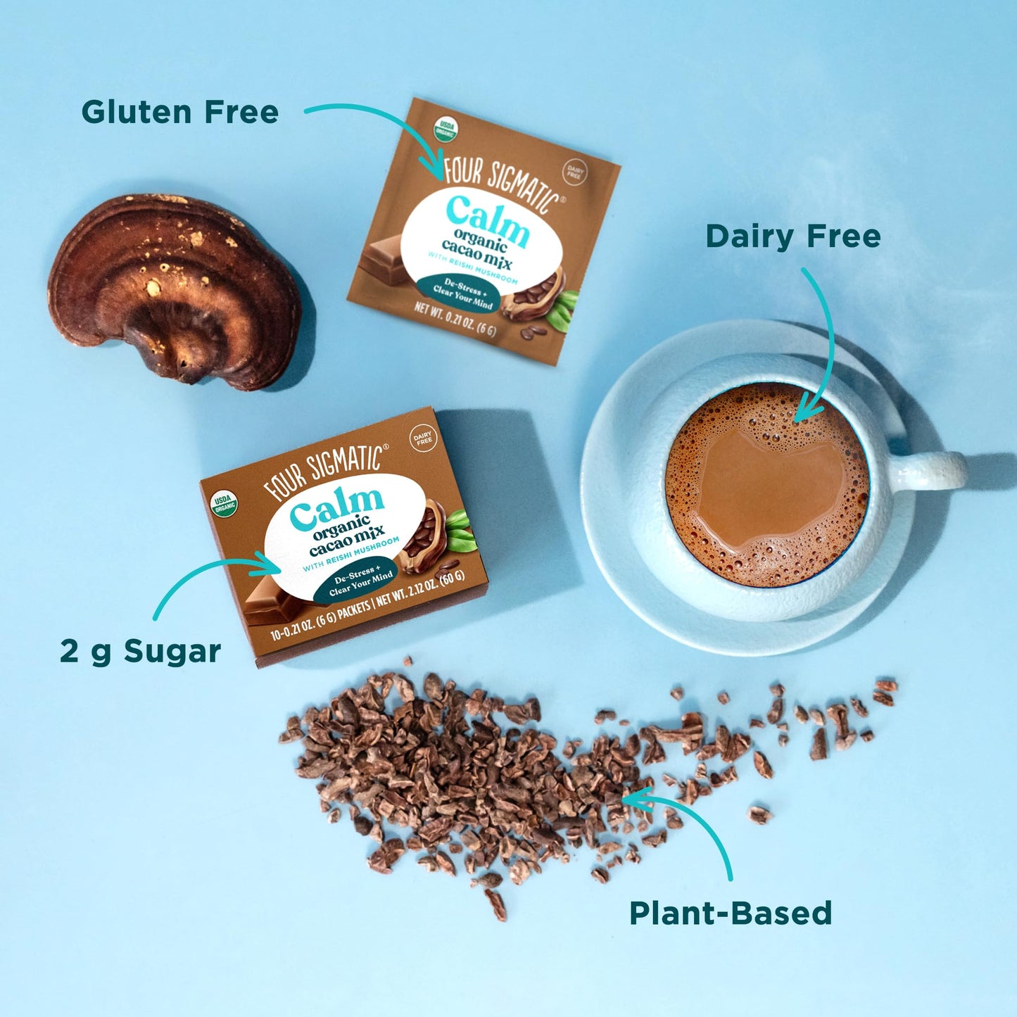 Four Sigmatic Calm Mushroom Cacao Mix | Organic Instant Cacao With Organic Reishi Mushroom Powder | Supports Calm & Relaxation | Drink It Or Bake With It | Vegan, Gluten-Free, Dairy-Free | 10 Count