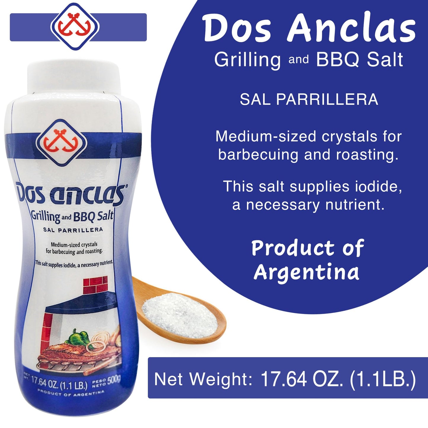 Dos Anclas Sal Parrillera 3 Pack, Rock Salt for Grilling and BBQ, Refined Medium Grain Salt for Meat and Seafood, Multi-Purpose