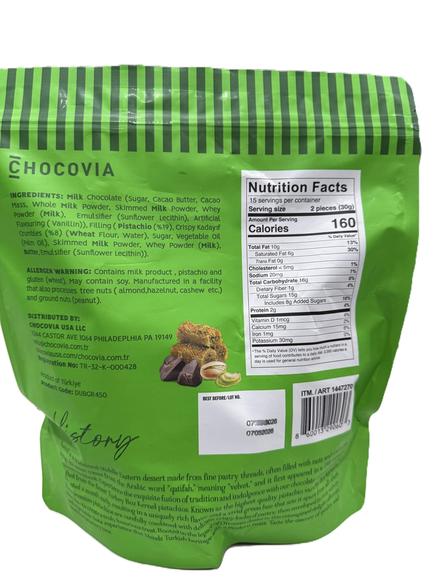 CHOCOVIA Dubai Style Milk Chocolate with Pistachio & Kadaif, 15.87 oz