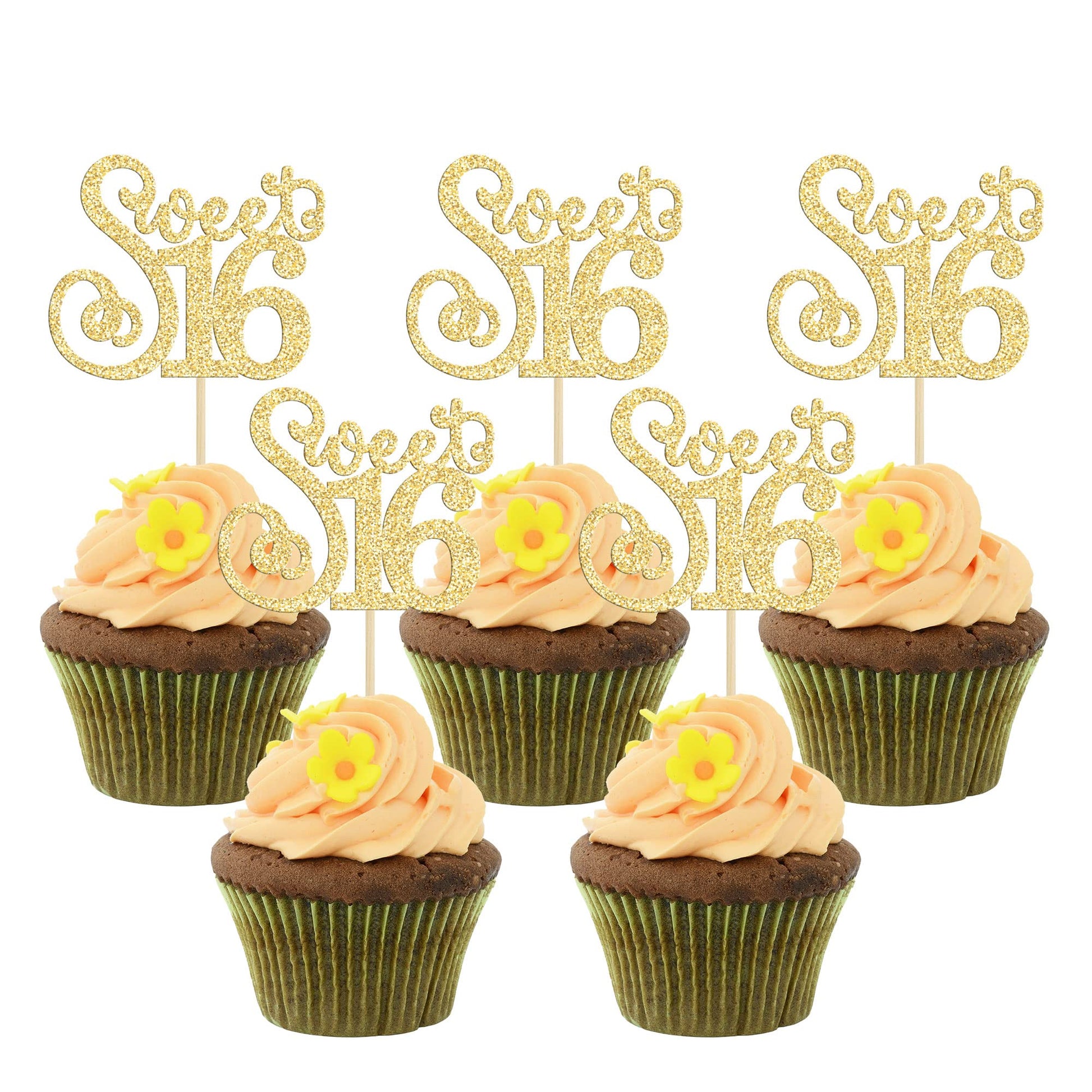 Gyufise Cupcake Toppers 24 Pack Glitter Happy 16th Birthday Decorations Gold Model ZN0475-4-G