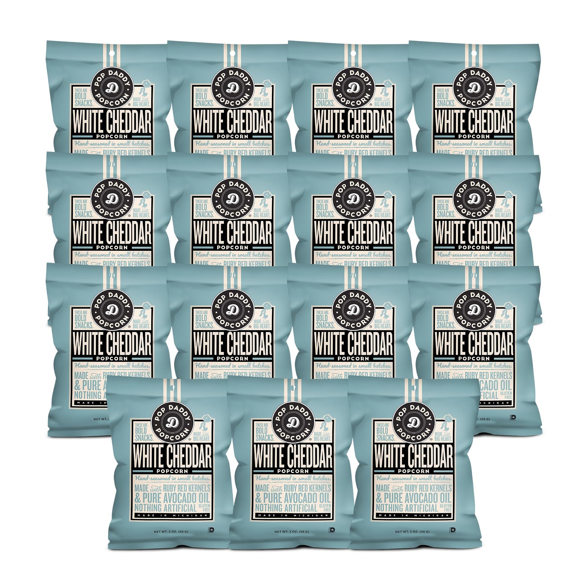Pop Daddy White Cheddar, 2 Oz Healthy Gluten Free Hand Seasoned Gourmet Flavored Popcorn Snacks, 15 Pack