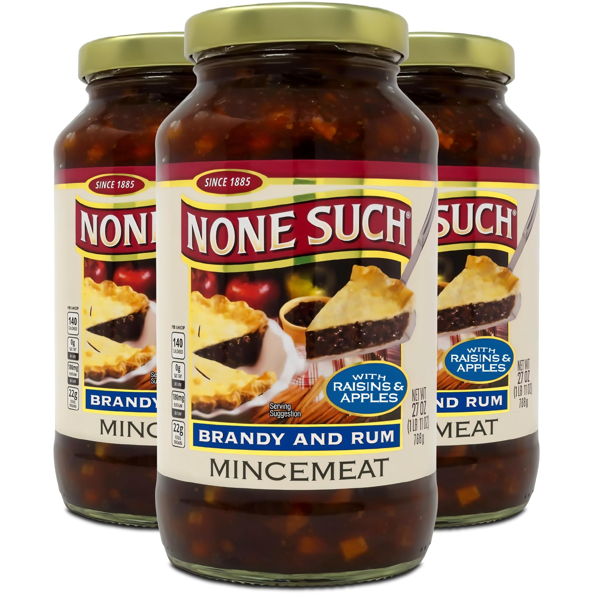 None Such Mincemeat Brandy & Rum - Classic Pie Filling with Apples  Raisins & Spices  27 oz Glass Jar (Pack of 3)  Holiday Baking Dessert Ingredient  Gluten-Free