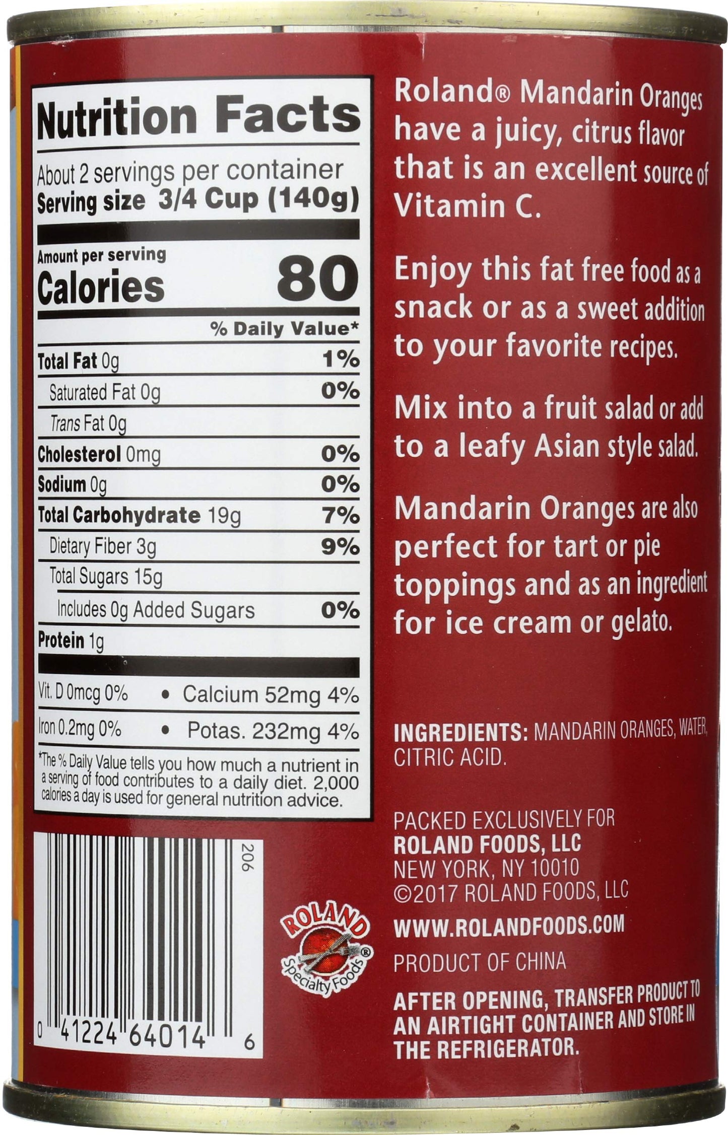 Roland Foods Fancy Whole Mandarin Orange Segments In Water, 14 Ounce Can, Pack Of 1