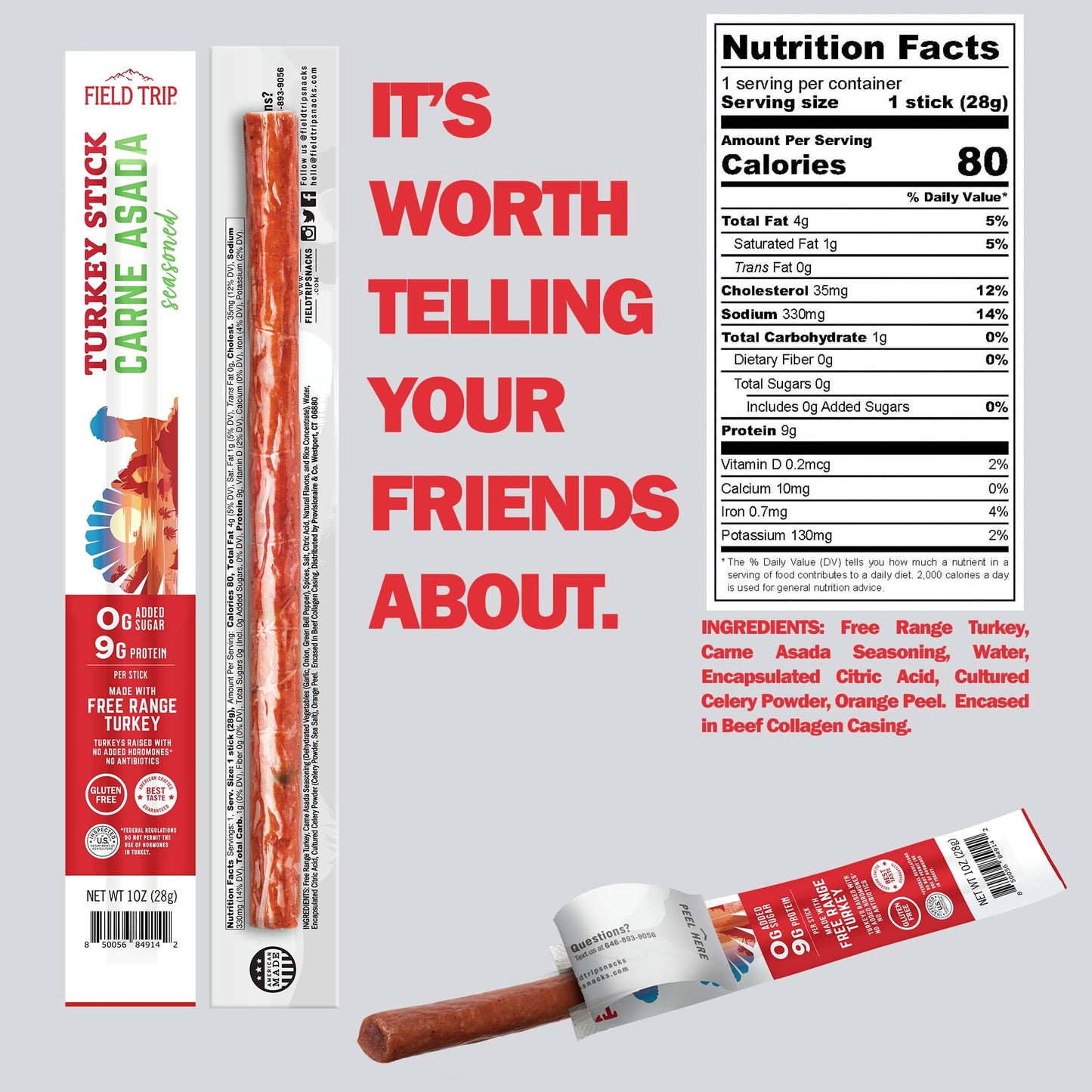 Field Trip Free Range Carne Asada Turkey Jerky Snack Sticks, Zero Sugar, Keto, Paleo, Gluten Free, Allergy Friendly Snack, High
