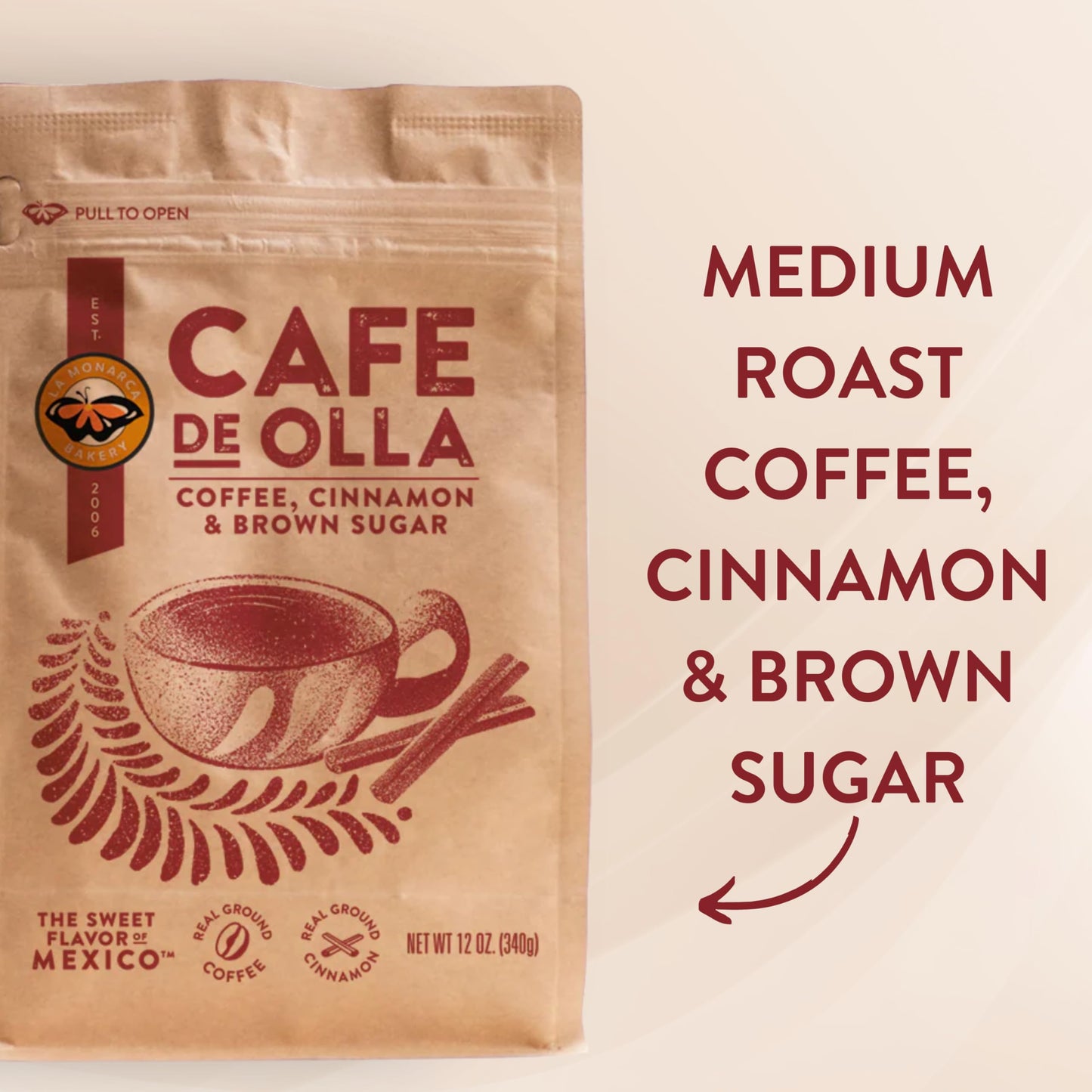 Caf? De Olla Ground Coffee  12 Ounce (Pack of 2)  Cinnamon and Brown Sugar Spiced Mexican Dark Roast Coffee by La Monarca Bakery