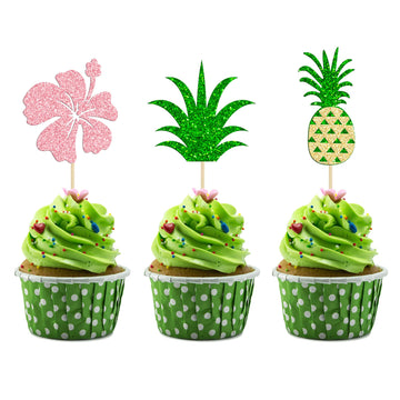 Gyufise 24 Pack Tropical Cupcake Toppers Glitter Pineapple Flower Leaf Aloha Cupcake Picks For Summer Hawaiian Luau Theme Baby S