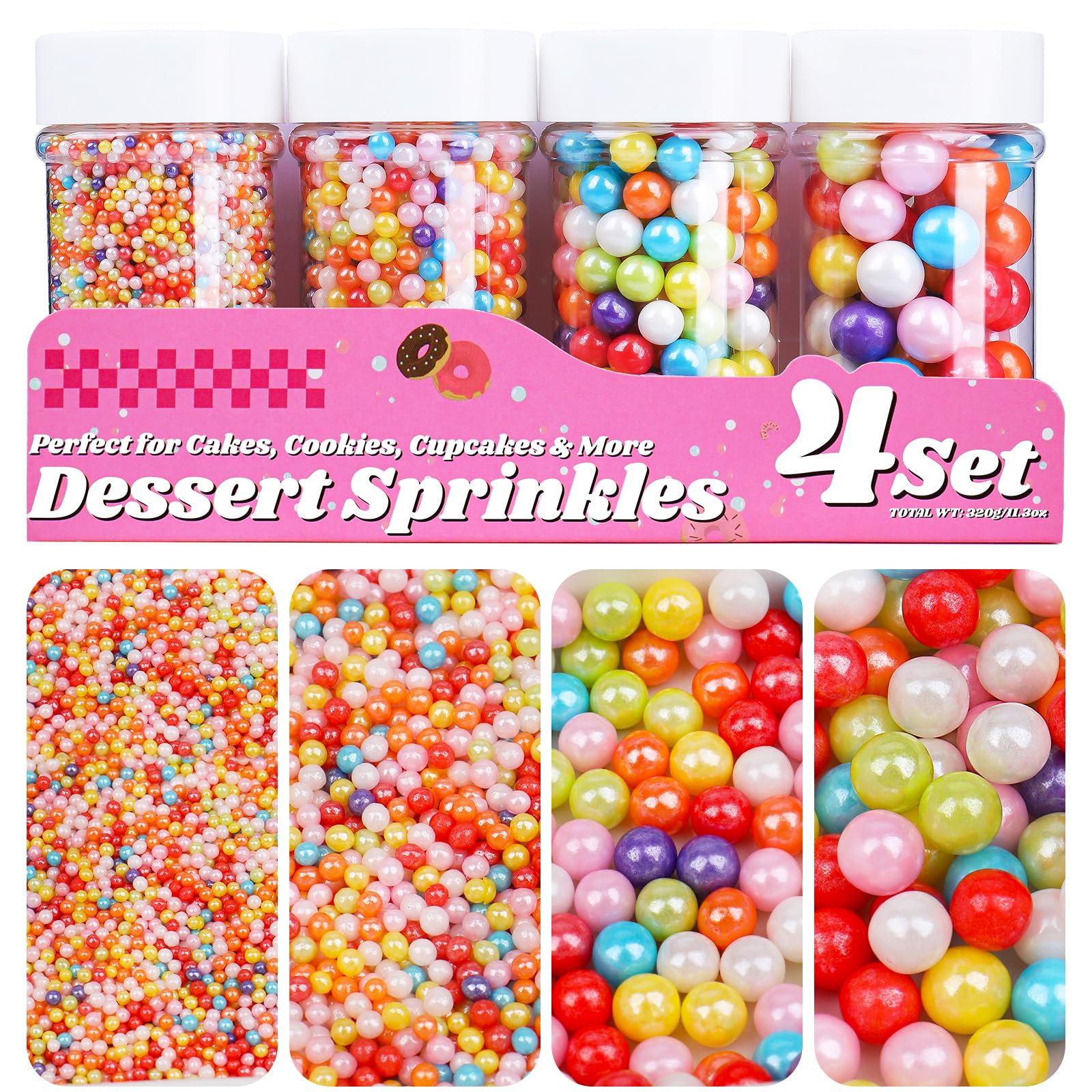 Rainbow Sprinkles for Cake Decorating, 11.3 Oz Edible Pearls Sugar Large Capacity 4 Jars Set for Baking Cookie Ice Cream Cupcake