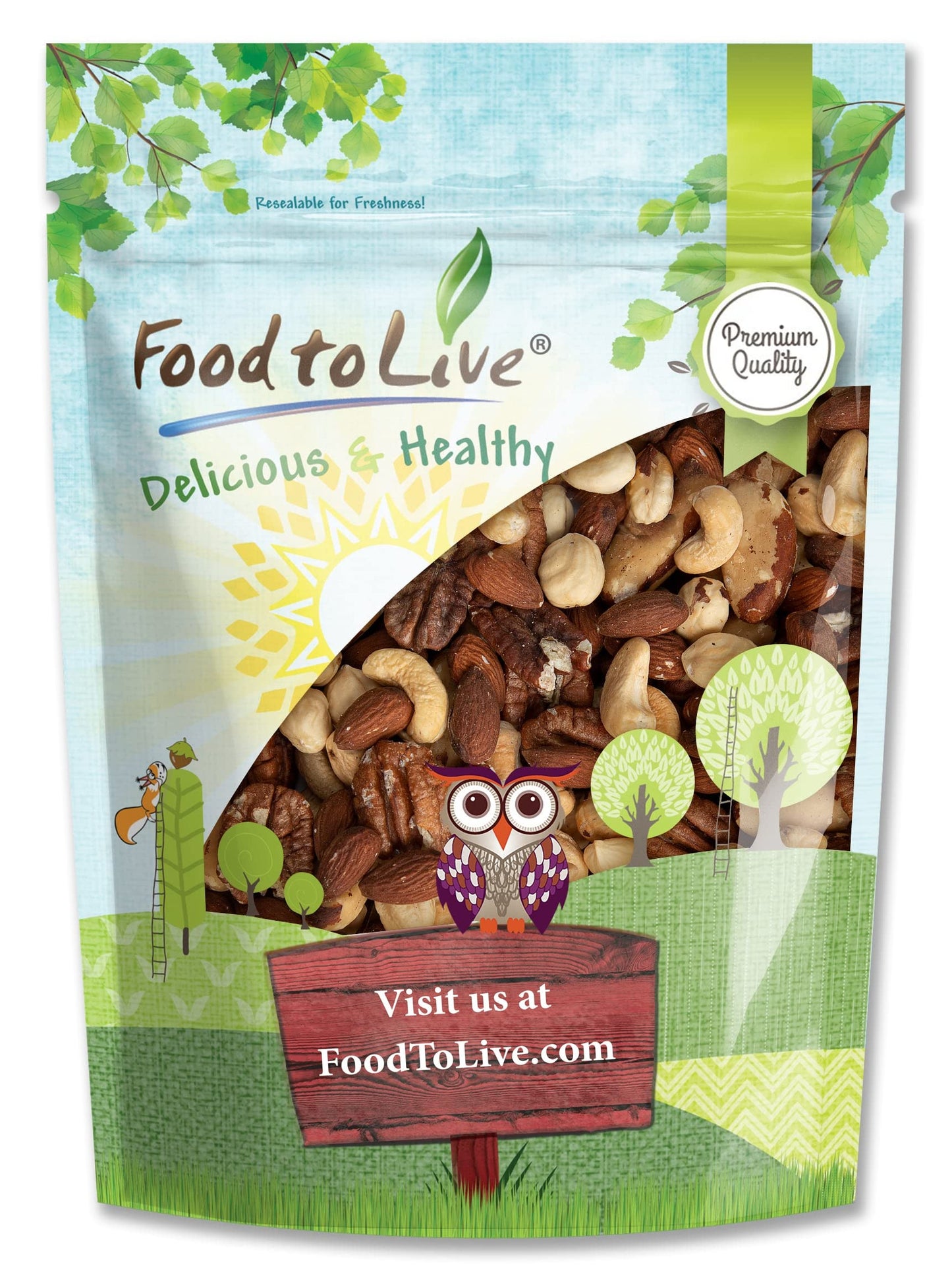 Food to Live Deluxe Nuts Mix - Dry Roasted Pecans, Cashews, Almonds, Brazil Nuts, Lightly Salted, 2 Pounds, Vegan, Kosher
