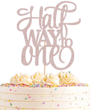 AHAORAY Half Way To One Cake Topper - Rose Gold Glitter 6 Months Birthday Decorations Supplies - Half Birthday Decorations Baby 
