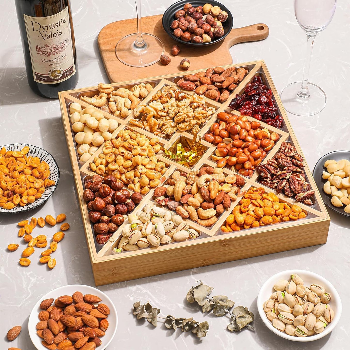 Gourmet Mixed Nuts Christmas Gift Basket In Sleek Bamboo Wood Reusable Platter | Xl 2.5 Lb Platter Includes 12 Assortments Of Pr