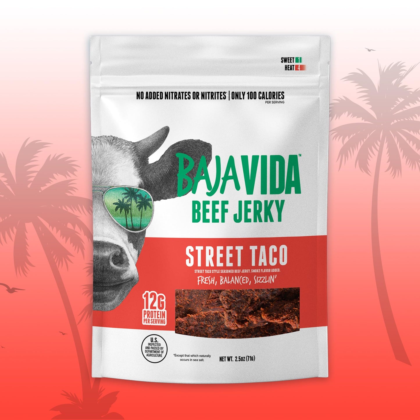BAJA BEEF Baja Vida Street Taco Beef Jerky, Sweet and Spicy, Gluten-Free, All-Natural, 2.5 Oz Bags (Pack of 4)