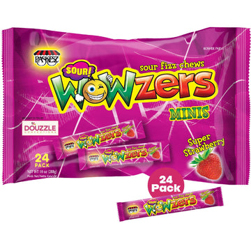 DOUzzle Sour Wowzers Minis, Super Strawberry Sour Fizz Chews (24 Count, Pack of 1) Individually Wrapped Candies, Birthday Party 