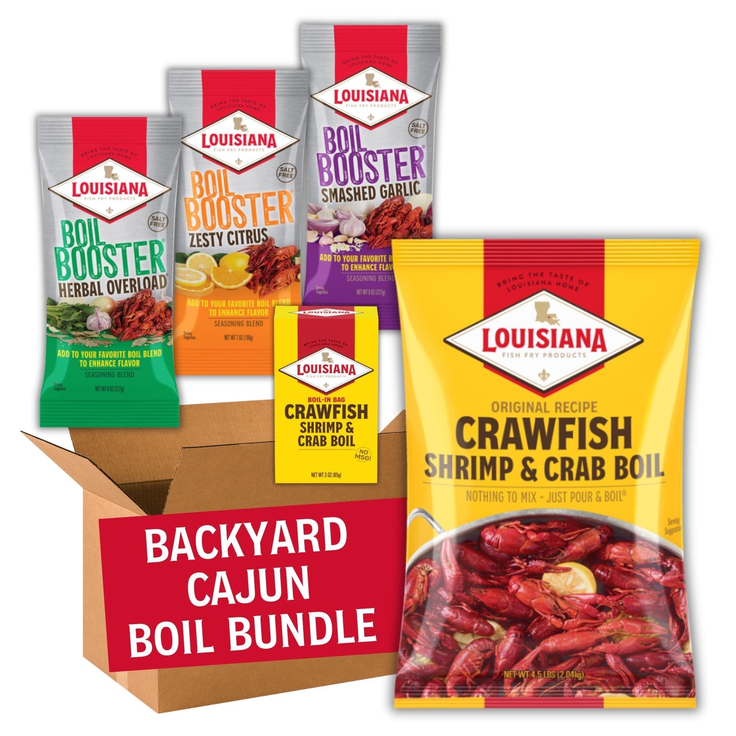 Louisiana Fish Fry Products Cajun Seafood Boil Bundle - 4.5 lb Seasoning, Garlic & Citrus Boosters, 3 oz Boil Seed Bag