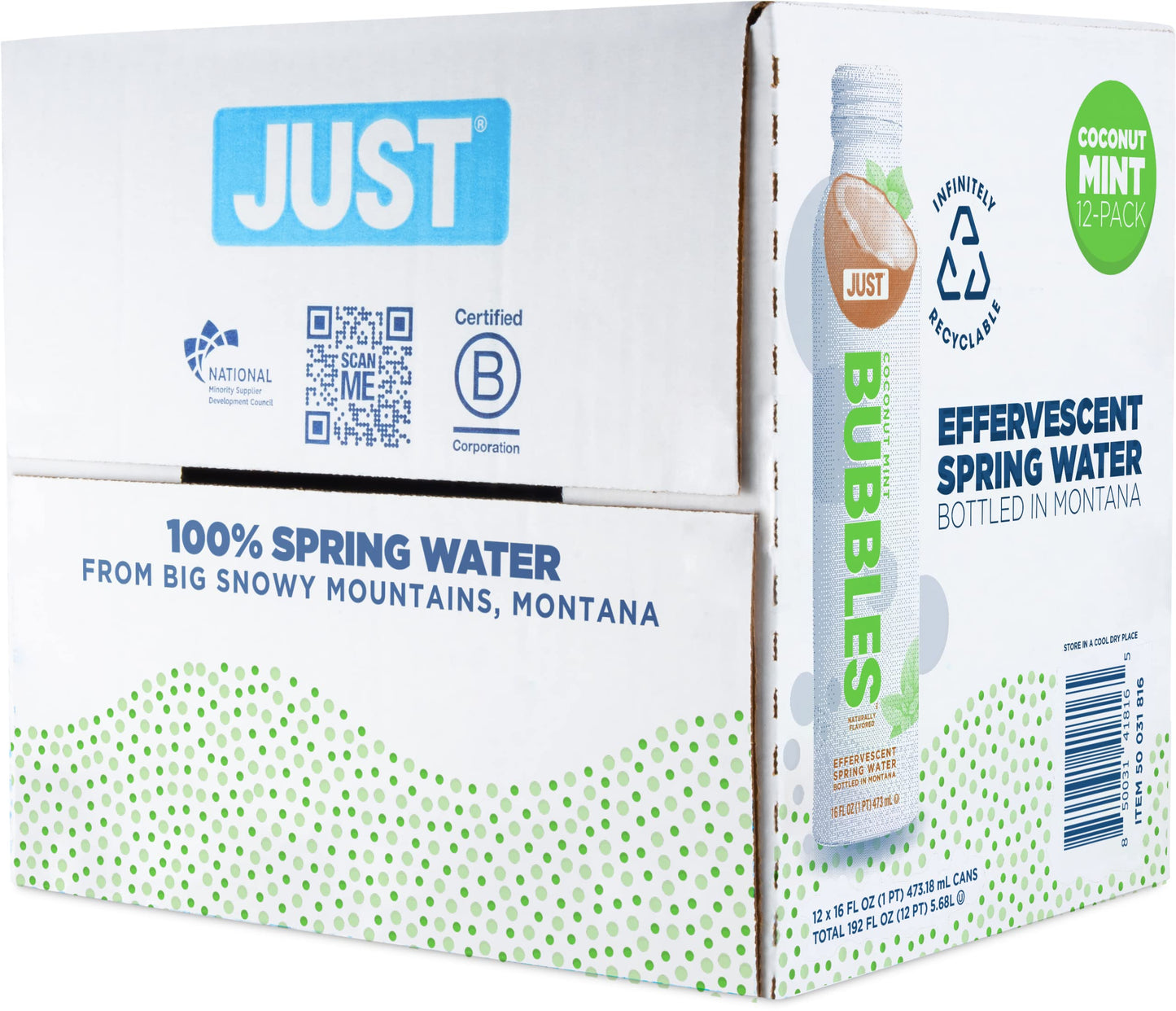 Just Bubbles Coconut Mint - Pure Premium Sparkling Spring Water In A Fully Recyclable Reusable Eco-Friendly Bottle - 100% Mounta