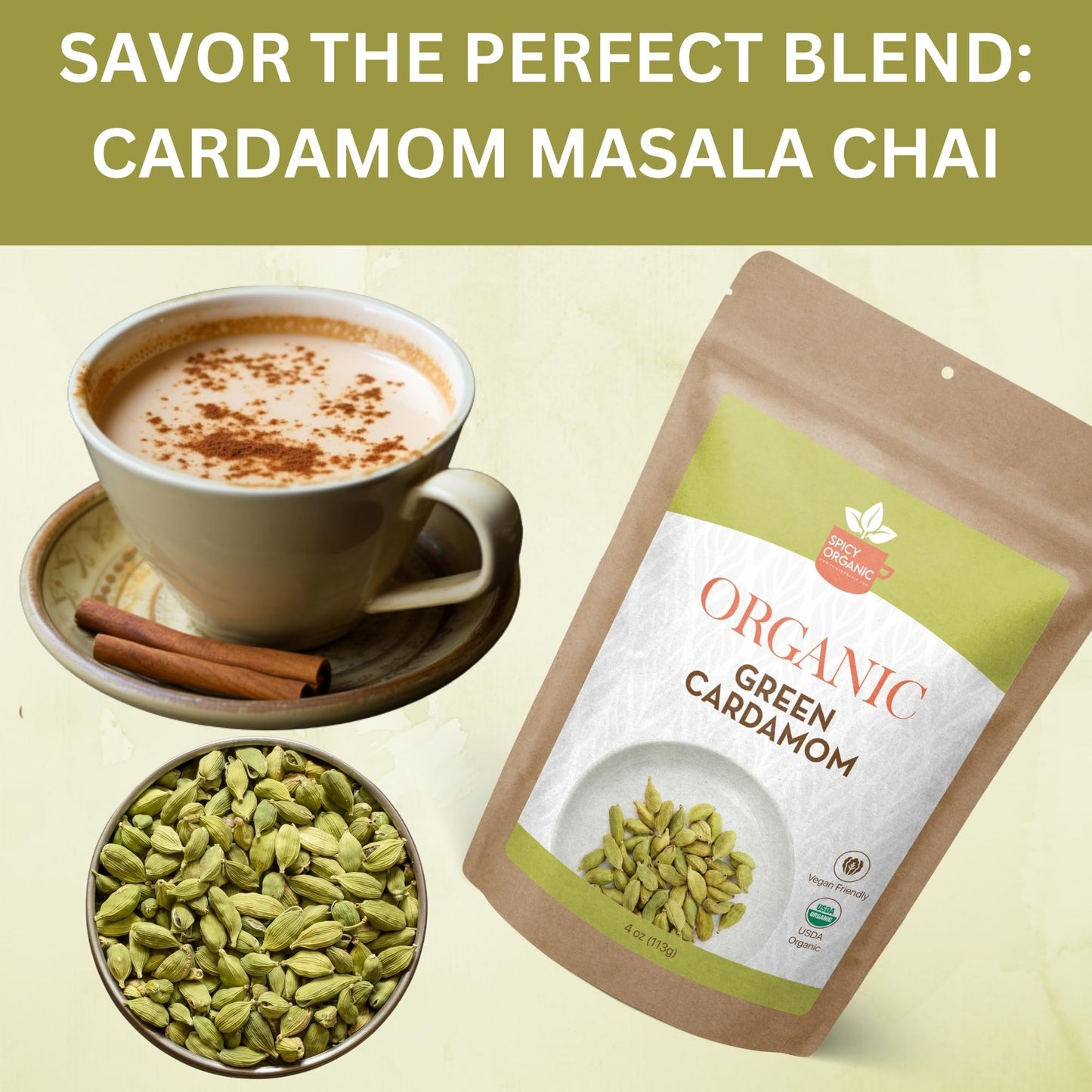 SPICY ORGANIC Jumbo Green Cardamom Pods - 100% Pure USDA Organic - 4 oz - Non-GMO, Gluten-Free, Resealable Pack