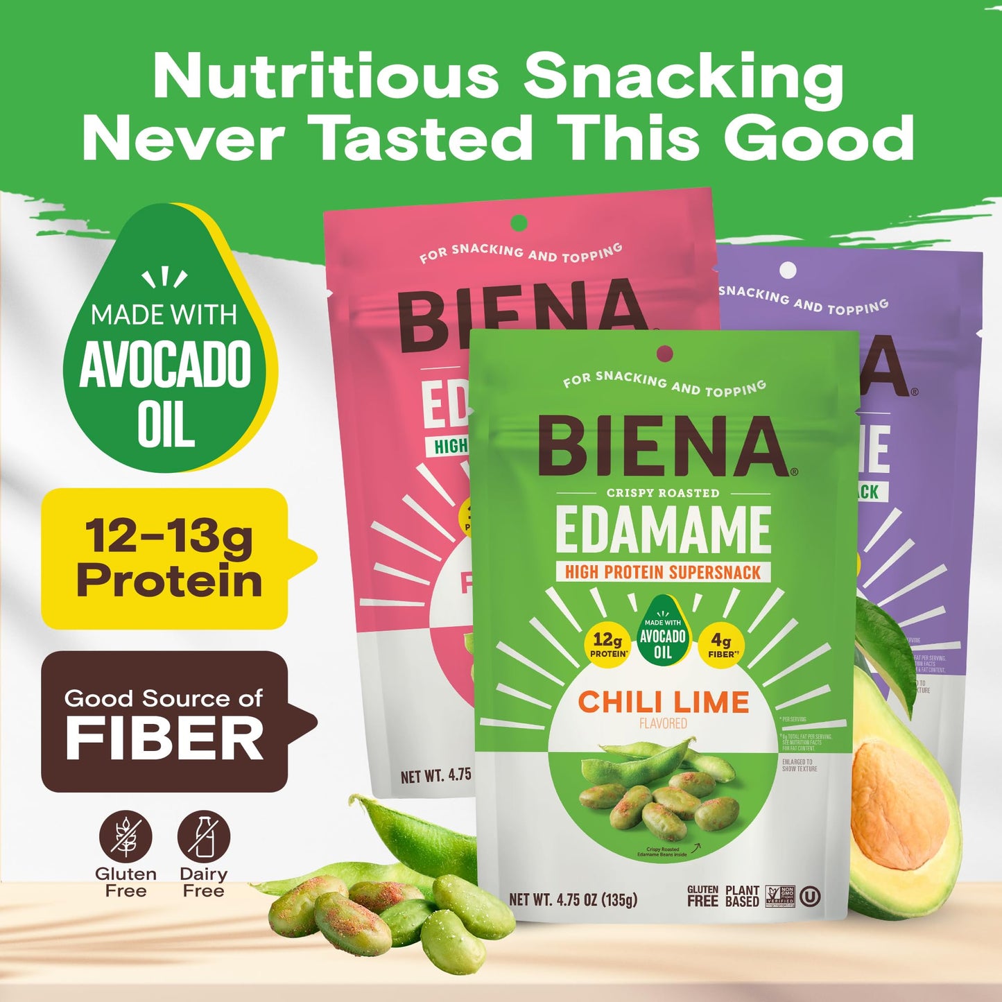 Biena Crispy Roasted Edamame Beans Snack - High Protein Snack for Adults & Kids, 12g-13g Protein per Serving - Made with Avocado