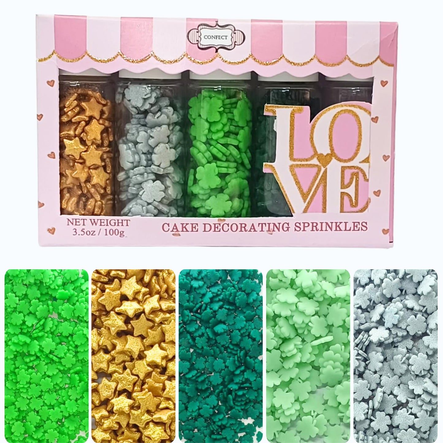 Confect St. Patricks Green & Silver Clover Sprinkles | Gold Star Sprinkles | Sprinkles for Baking & Cake Decorative | Cookie Spr