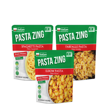 PASTA ZING Microwavable Variety Pasta Pack of 7 - 2x Elbow, 2x Farfalle, 3x Spaghetti - Fully Cooked - 7.