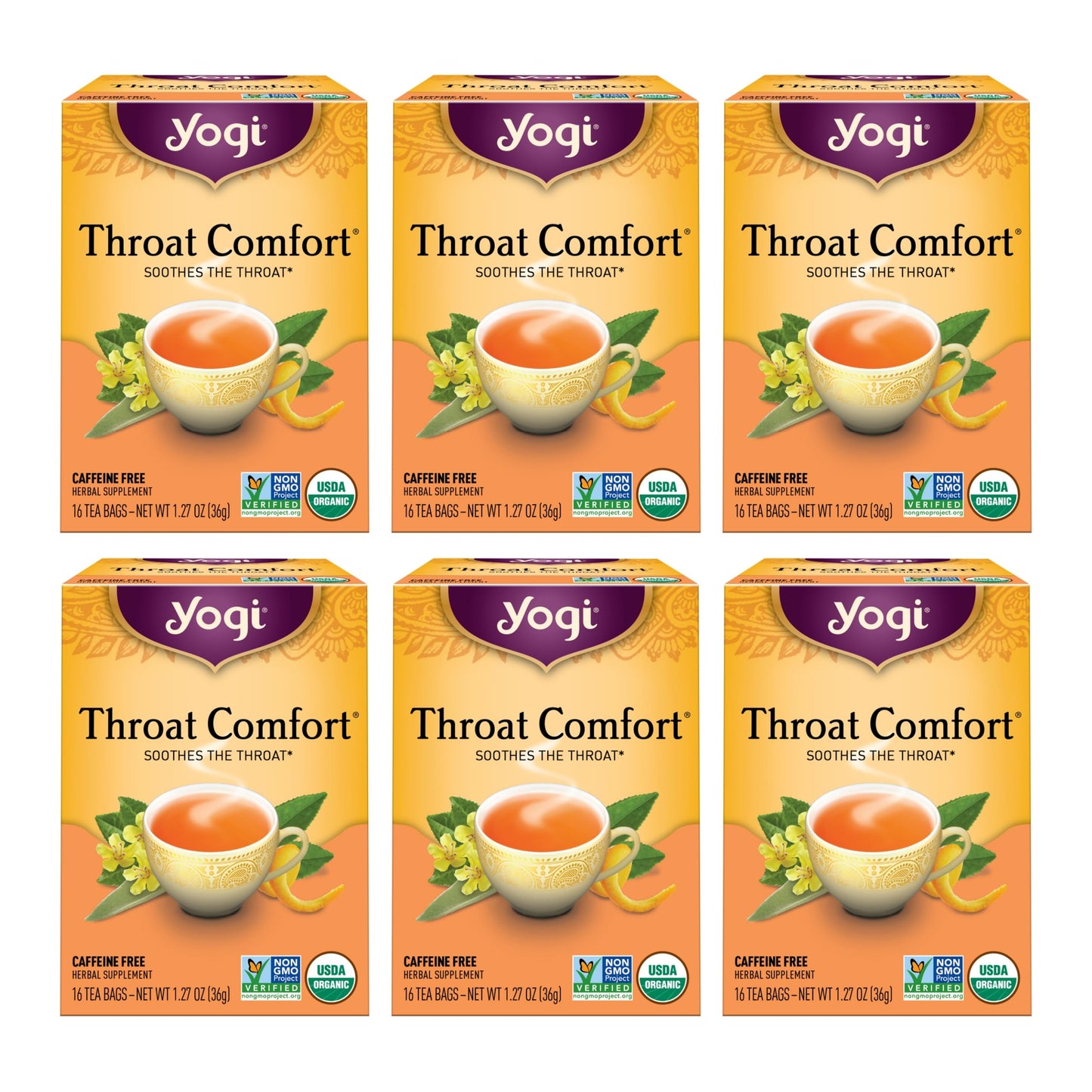 Yogi Tea Throat Comfort Herbal Tea - 96 Organic Tea Bags (6 Pack) - Caffeine Free - Wild Cherry Bark, Licorice Root, Ginger - Yellow