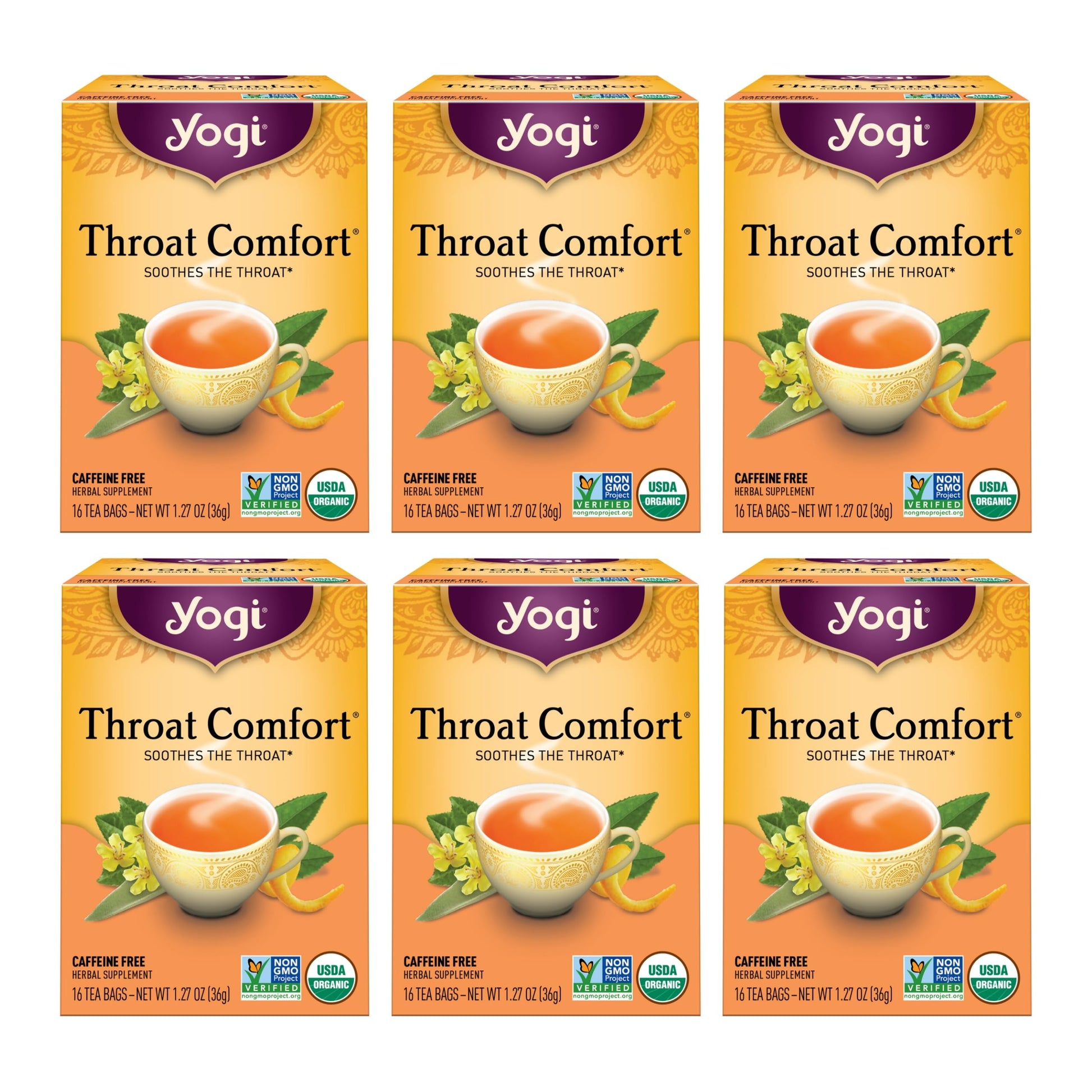 Yogi Tea Throat Comfort Herbal Tea - 96 Organic Tea Bags (6 Pack) - Caffeine Free - Wild Cherry Bark, Licorice Root, Ginger - Yellow