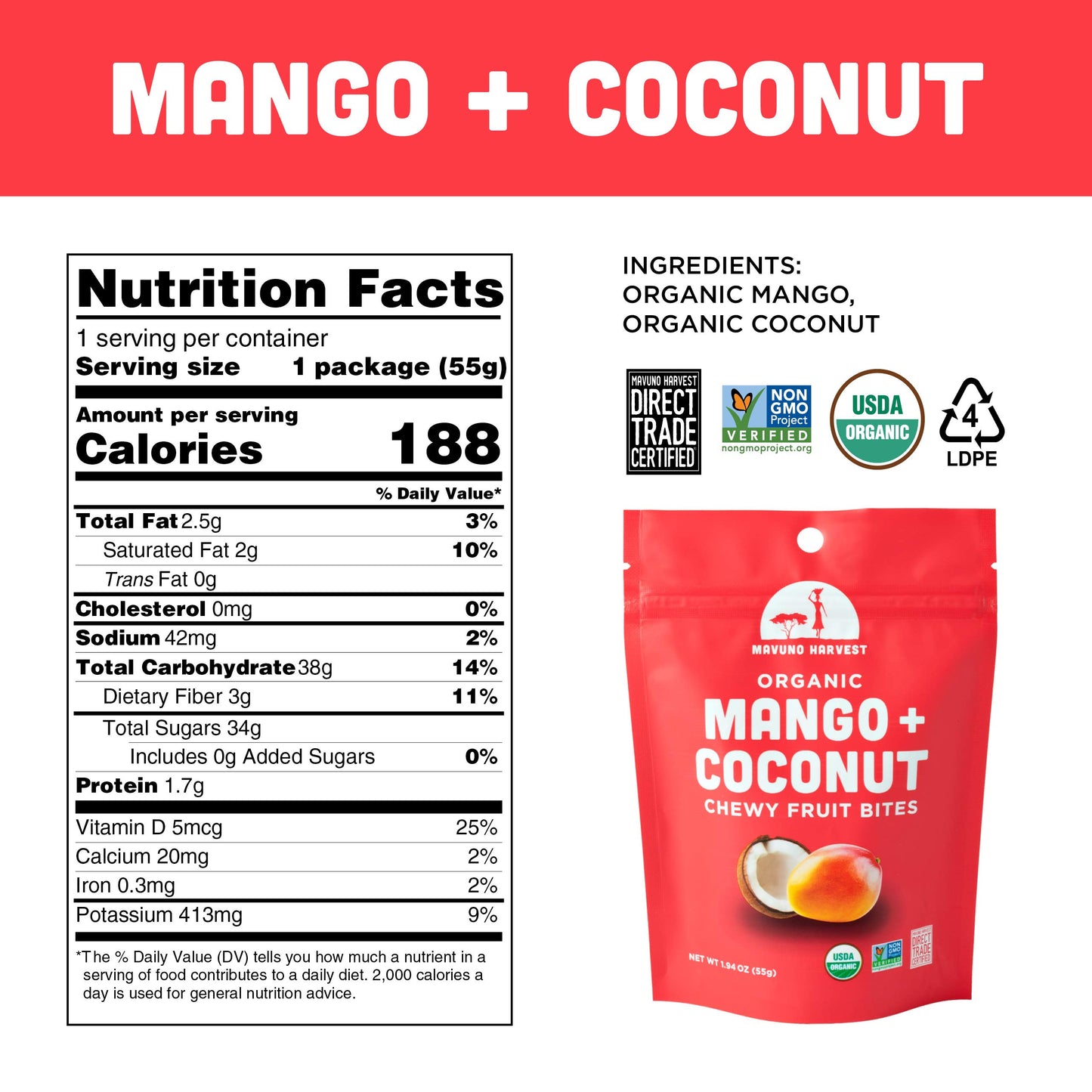 Mavuno Harvest Organic Chewy Fruit Snacks - Mango & Coconut - Non-GMO - 1.94 oz (Pack of 3)