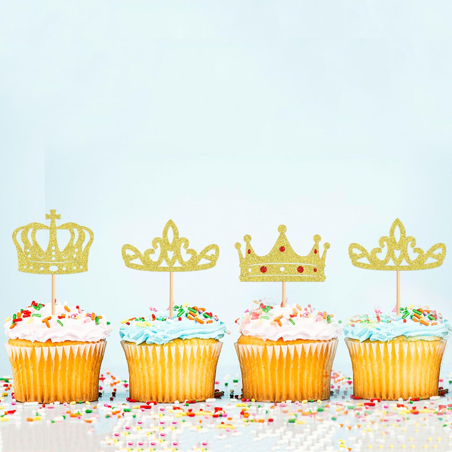 Cyodoos 24Pcs Gold Crown Cupcake Toppers Glitter Queen Crown Cupcake Baby Shower Wedding Birthday Party Cake Decorations Supplie