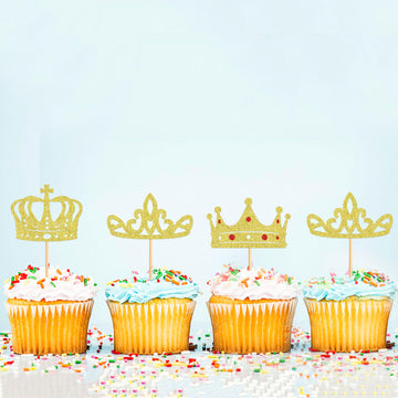 Cyodoos 24Pcs Gold Crown Cupcake Toppers Glitter Queen Crown Cupcake Baby Shower Wedding Birthday Party Cake Decorations Supplie